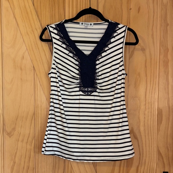 Wilde Tops - Wilde Medium Sleeveless Navy & White Stripes Fringe Statement Vee Neck